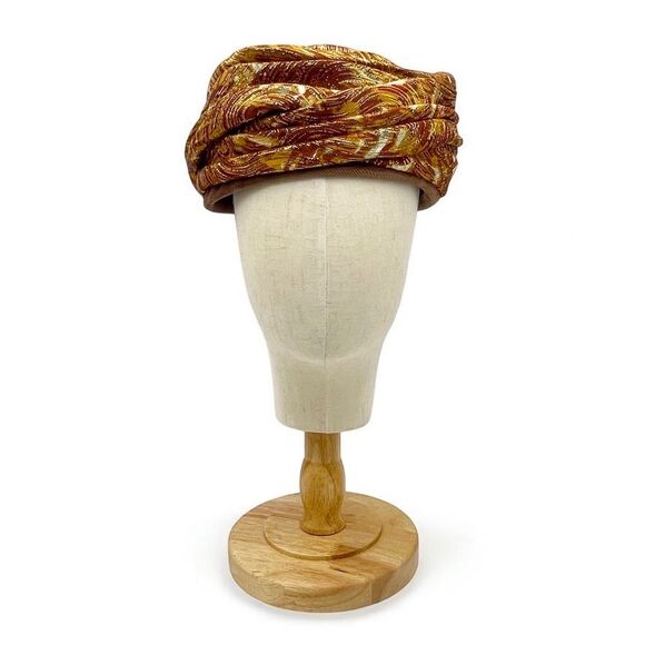 Vintage Valerie Modes Draped Turban Pillbox Hat – Metallic Gold & Bronze Brocade - Picture 4 of 16